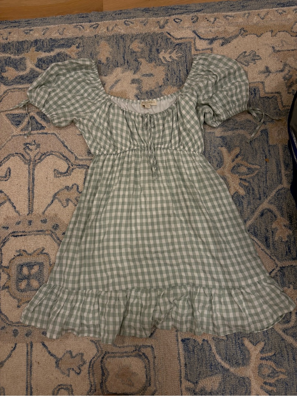 Women's Sage Green Gingham Puff-Sleeve Mini Dress